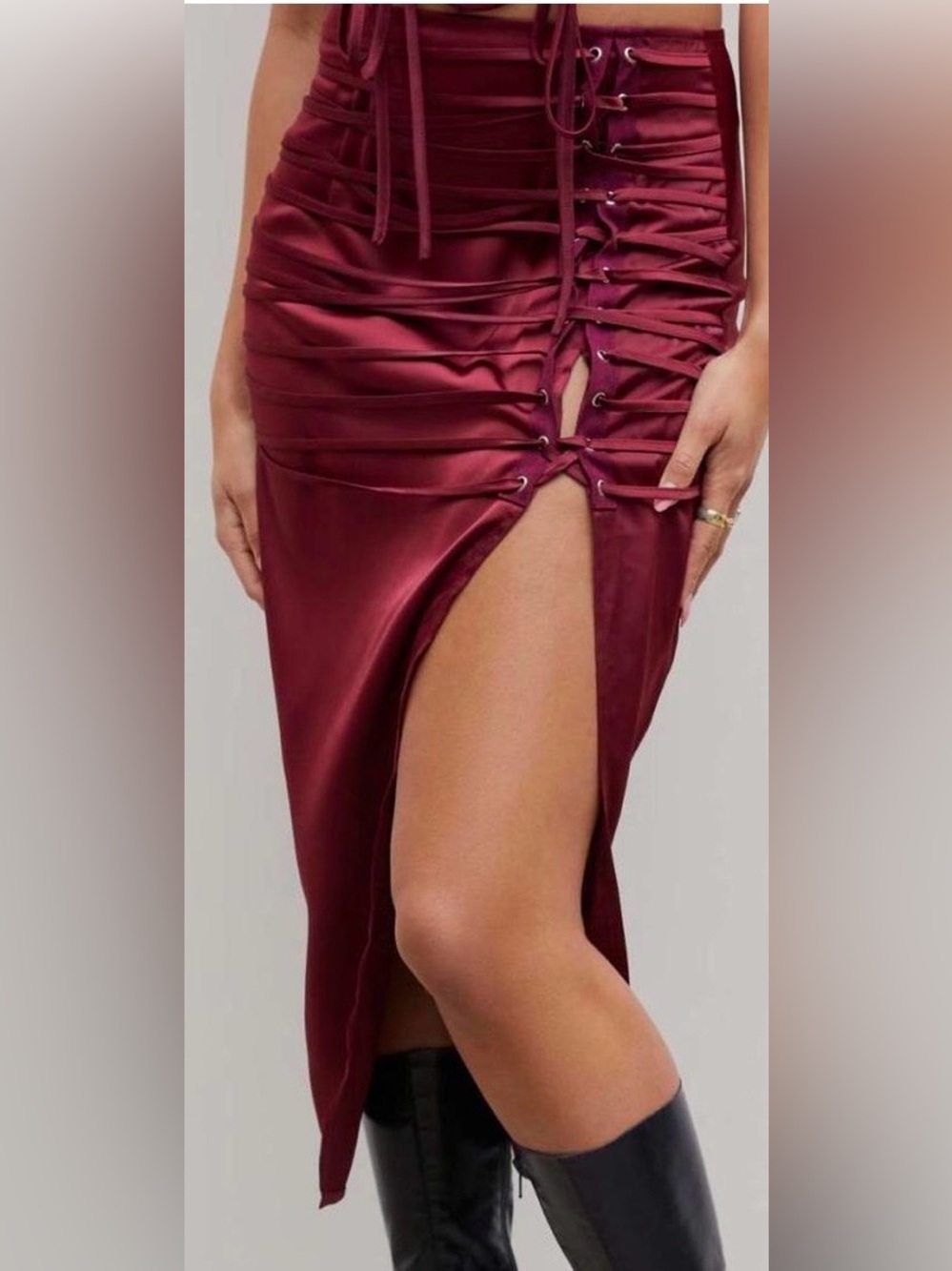 Cider Burgundy Satin Lace-Up Midi Skirt with High Slit, whimsygoth, dark romance